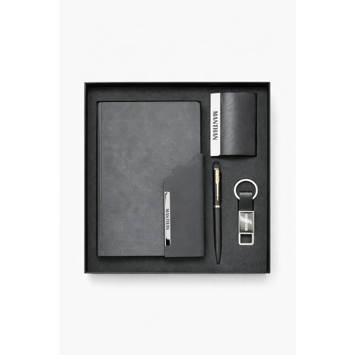 Personalized 4pc Combo - Diary, Pen, Keychain, Cardholder ( Strivo Diary - Black Colour)