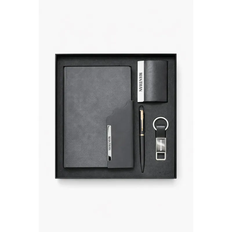 Personalized 4pc Combo - Diary, Pen, Keychain, Cardholder ( Strivo Diary - Black Colour)