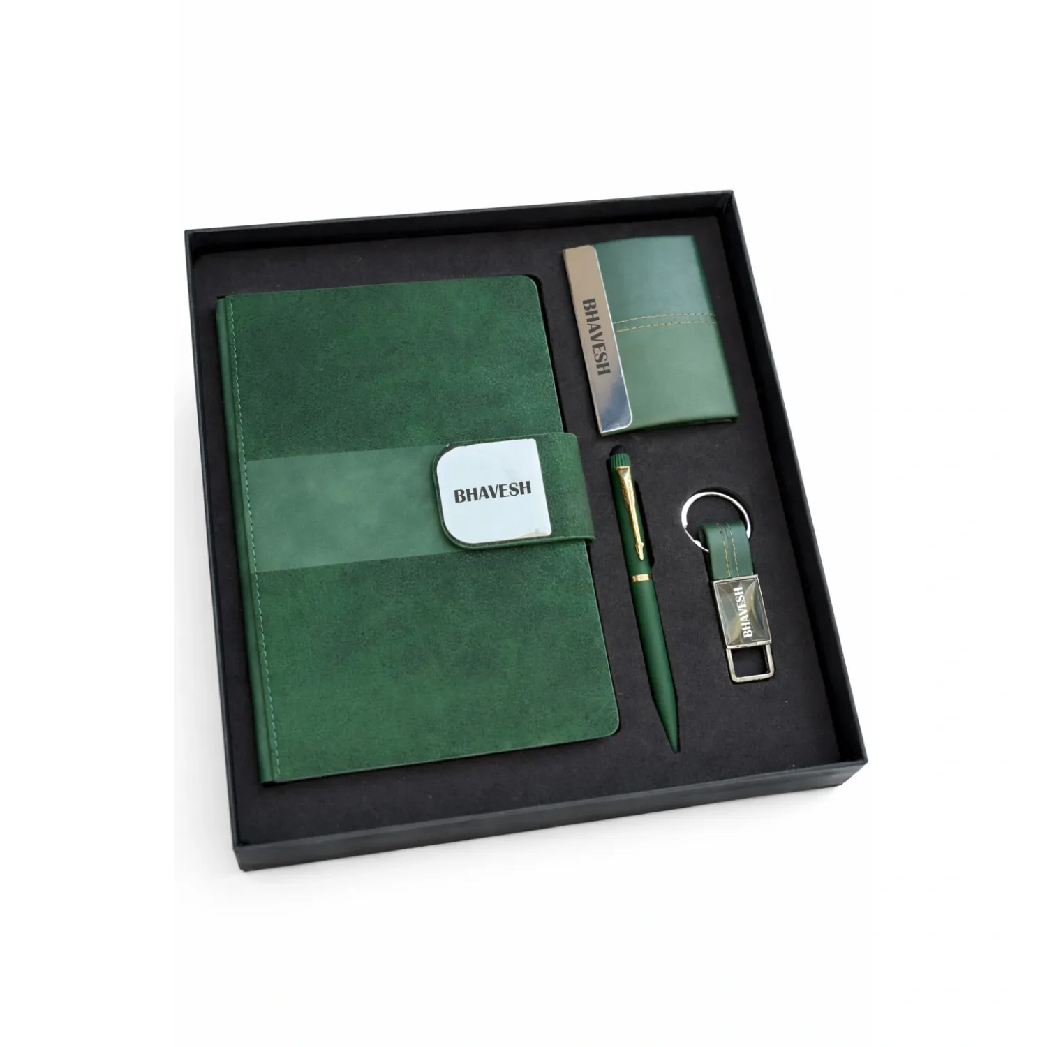 Personalized 4pc Combo - Diary, Pen, Keychain, Cardholder (Velmont Executive - Emerald Forest Colour)