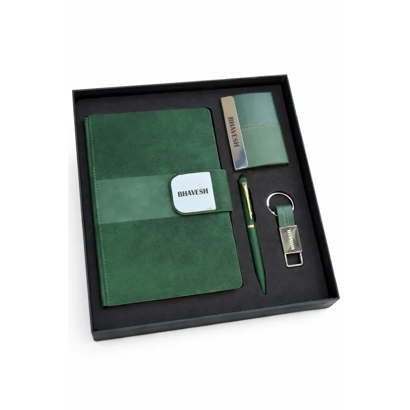Personalized 4pc Combo - Diary, Pen, Keychain, Cardholder (Velmont Executive - Emerald Forest Colour)