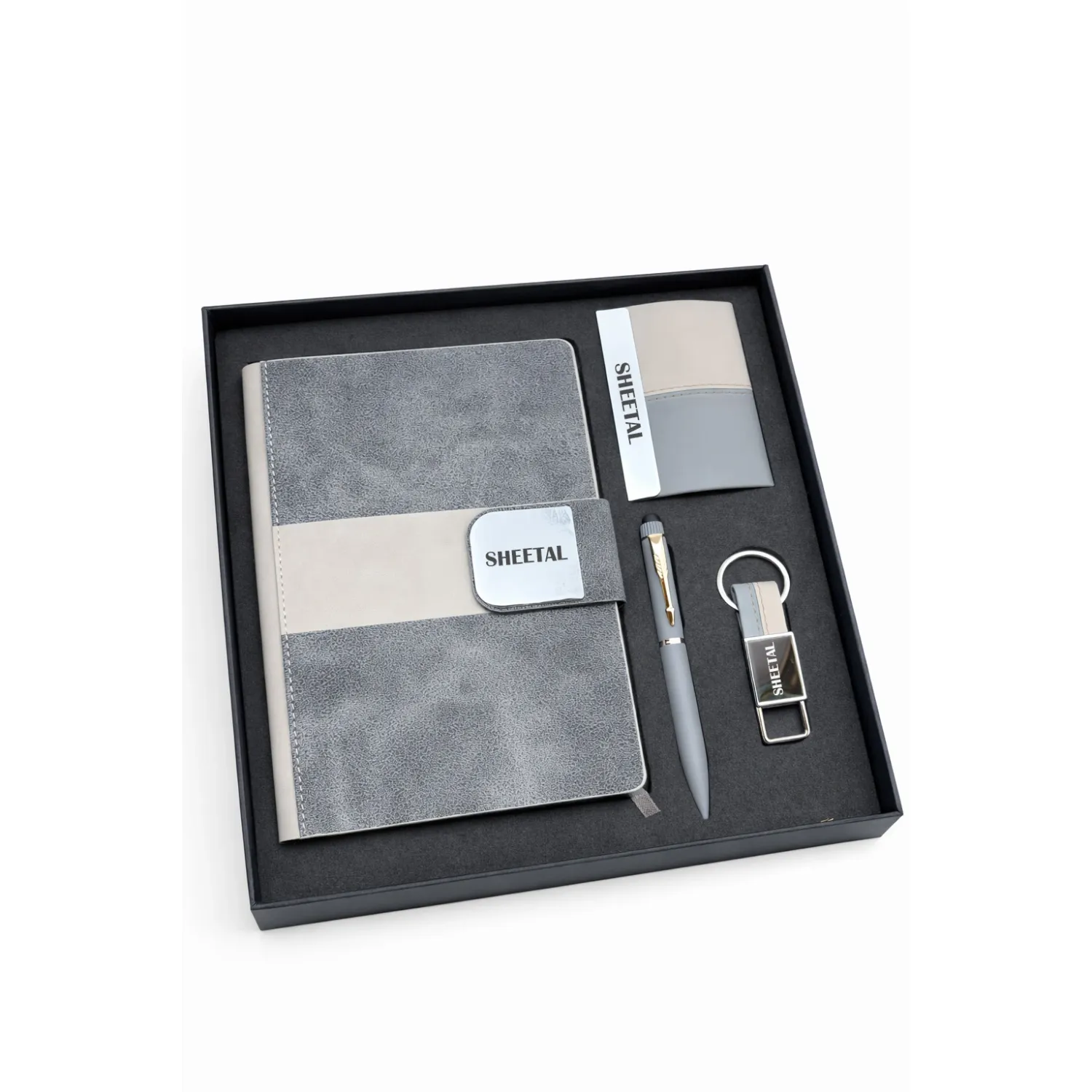 Personalized 4pc Combo - Diary, Pen, Keychain, Cardholder (Velmont Executive - Graphite slate Colour)