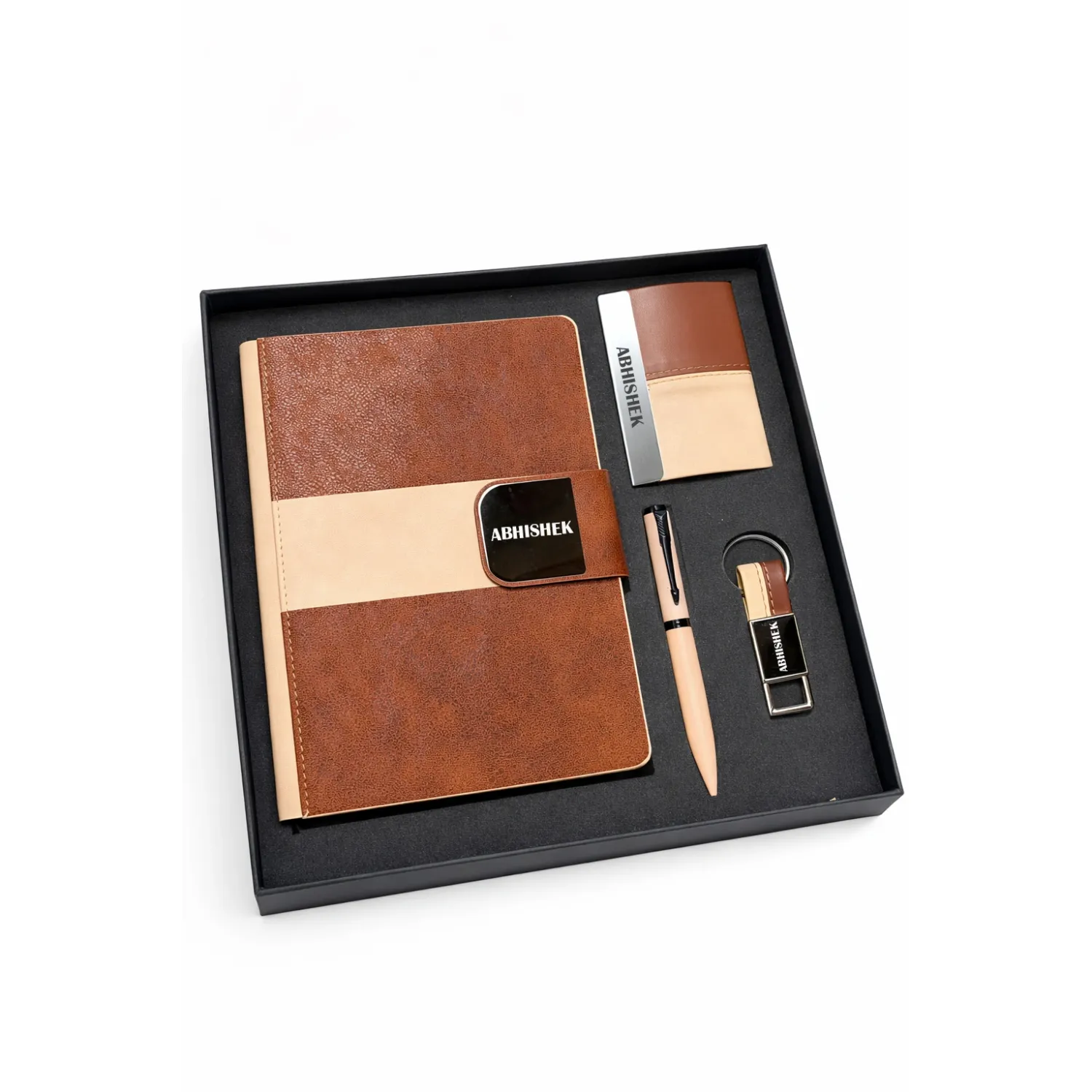 Personalized 4pc Combo - Diary, Pen, Keychain, Cardholder (Velmont Executive - Vintage Walnut Colour)
