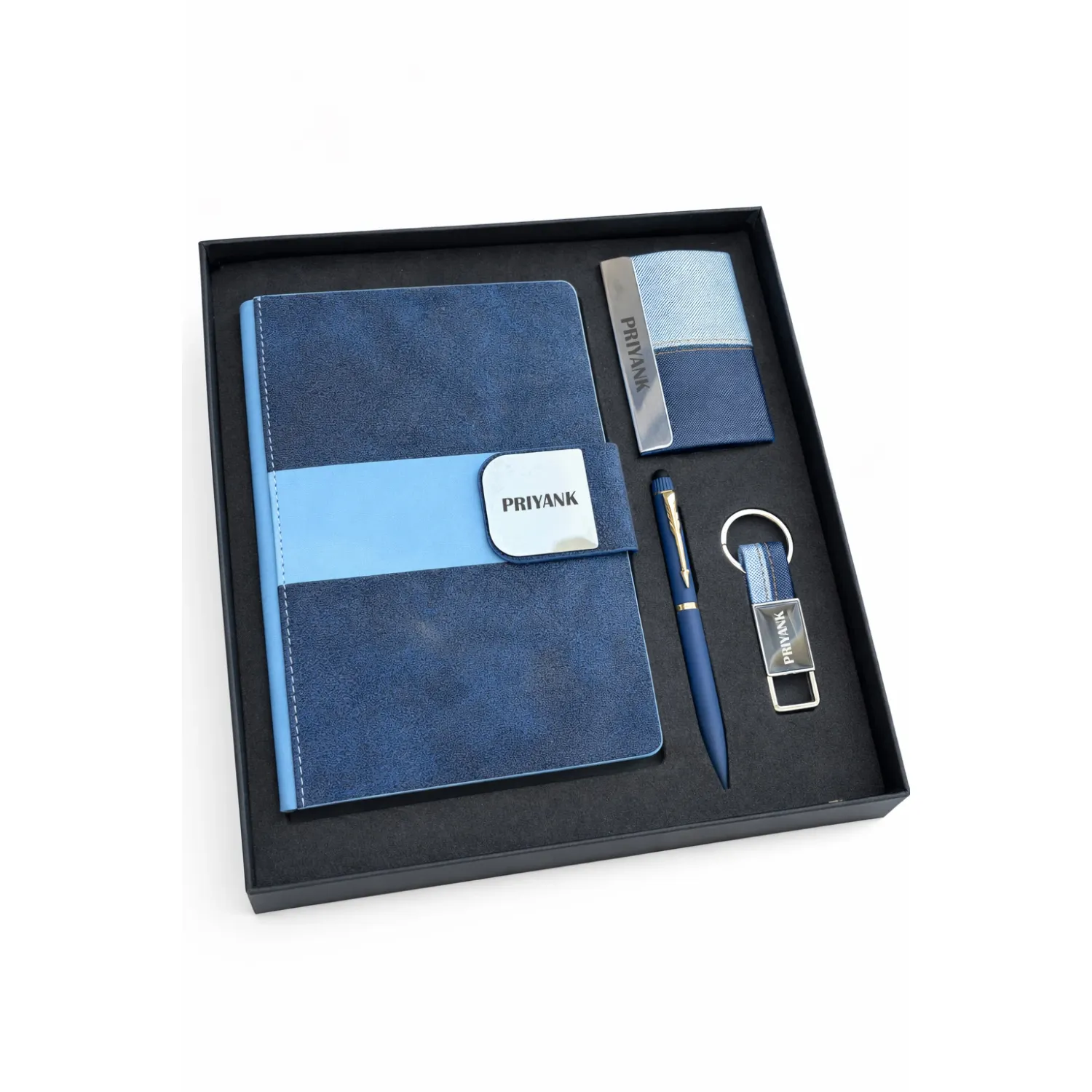 Personalized 4pc Combo - Diary, Pen, Keychain, Cardholder (Velmont Executive - Midnight Navy Colour)