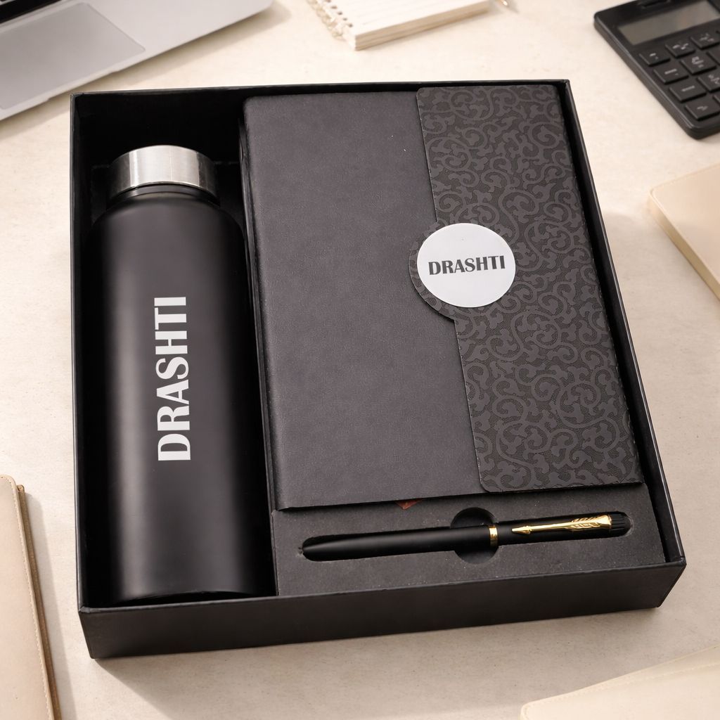 Personalized Boardroom Classic Diary, Pen &amp; Bottle Combo - Midnight Black Colour