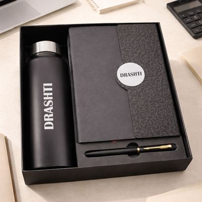 Personalized Boardroom Classic Diary, Pen &amp; Bottle Combo - Midnight Black Colour