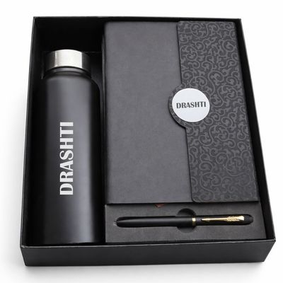 Personalized Boardroom Classic Diary, Pen &amp; Bottle Combo - Midnight Black Colour