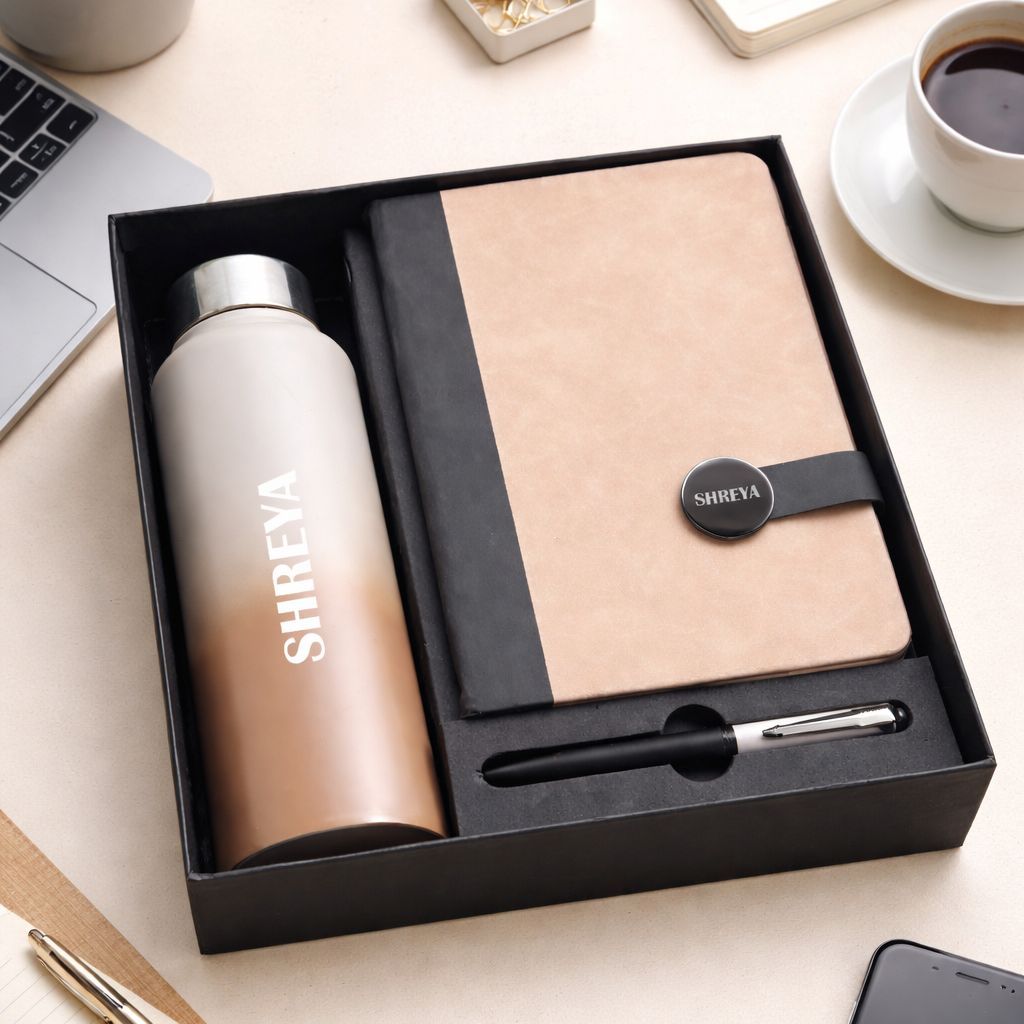 Personalized Executive Slate Journal, Pen &amp; Bottle Combo - Signature Sand Colour