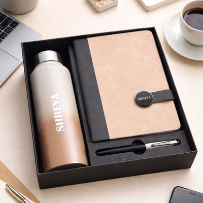 Personalized Executive Slate Journal, Pen &amp; Bottle Combo - Signature Sand Colour