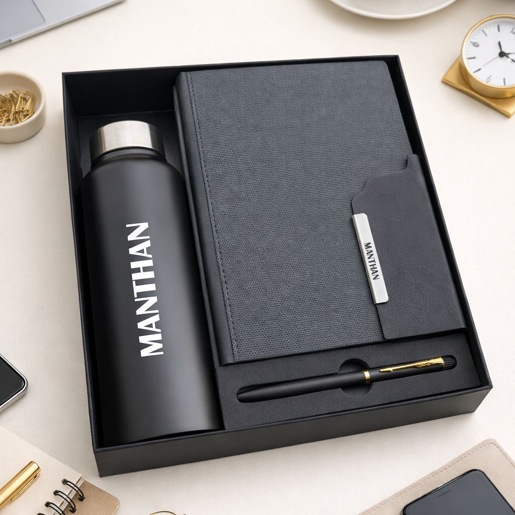 Personalized Strivo Diary, Pen &amp; Bottle Combo - Black Colour