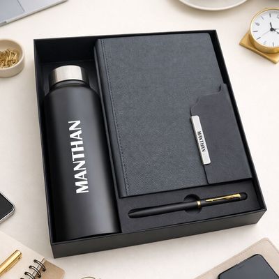 Personalized Strivo Diary, Pen &amp; Bottle Combo - Black Colour