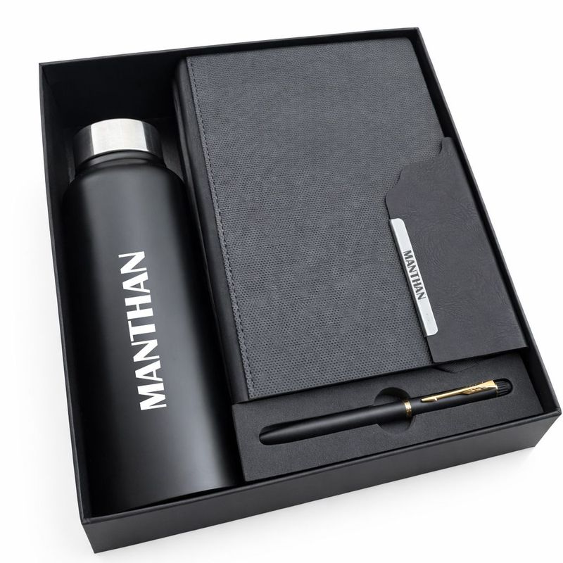 Personalized Strivo Diary, Pen &amp; Bottle Combo - Black Colour