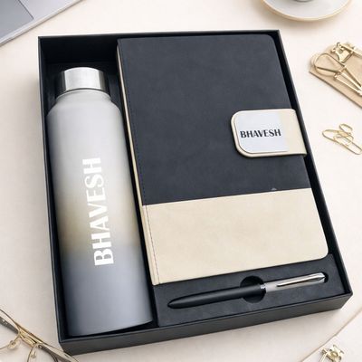Personalized Duotone Pro Diary, Pen &amp; Bottle Combo - Charcoal Ivory Colour