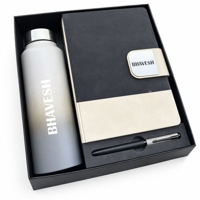 Personalized Duotone Pro Diary, Pen &amp; Bottle Combo - Charcoal Ivory Colour