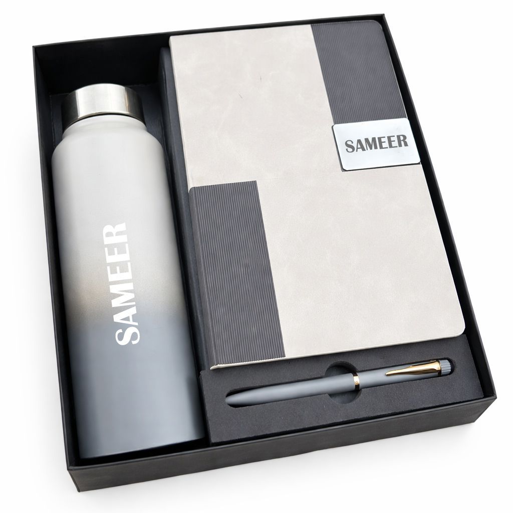 Personalized Vertex Pro Diary, Pen &amp; Bottle Combo - Titanium Grey Colour