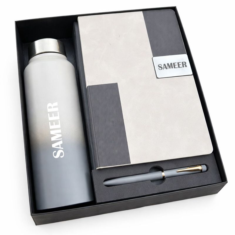 Personalized Vertex Pro Diary, Pen &amp; Bottle Combo - Titanium Grey Colour
