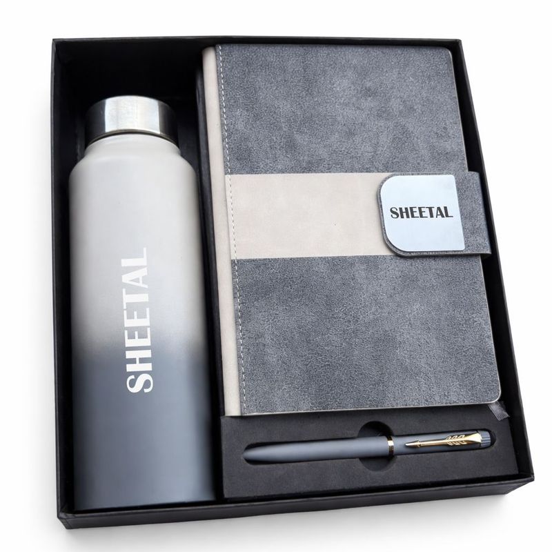 Personalized Velmont Executive Diary, Pen &amp; Bottle Combo -Graphite Slate Colour