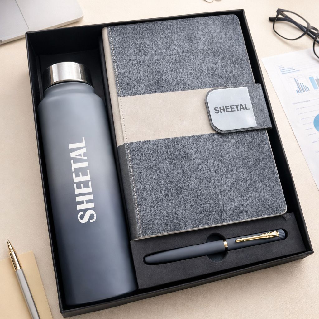 Personalized Velmont Executive Diary, Pen &amp; Bottle Combo -Graphite Slate Colour