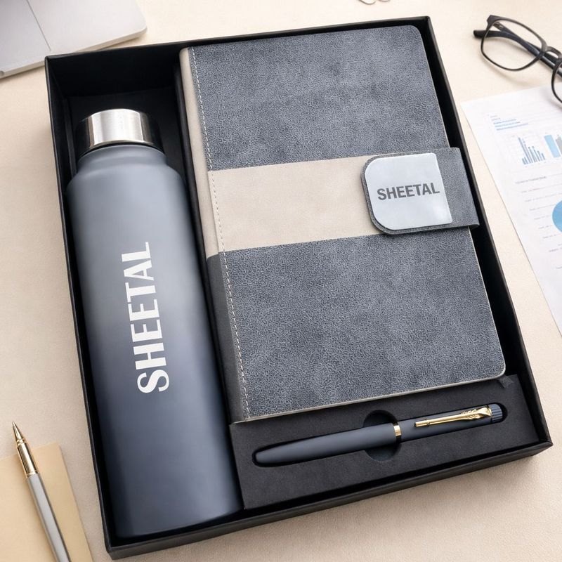 Personalized Velmont Executive Diary, Pen &amp; Bottle Combo -Graphite Slate Colour