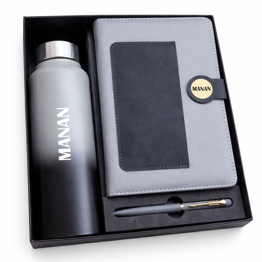 Personalized Grey Dual Colour Diary, Pen &amp; Bottle Combo