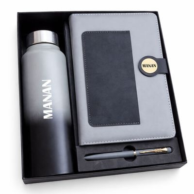 Personalized Grey Dual Colour Diary, Pen &amp; Bottle Combo
