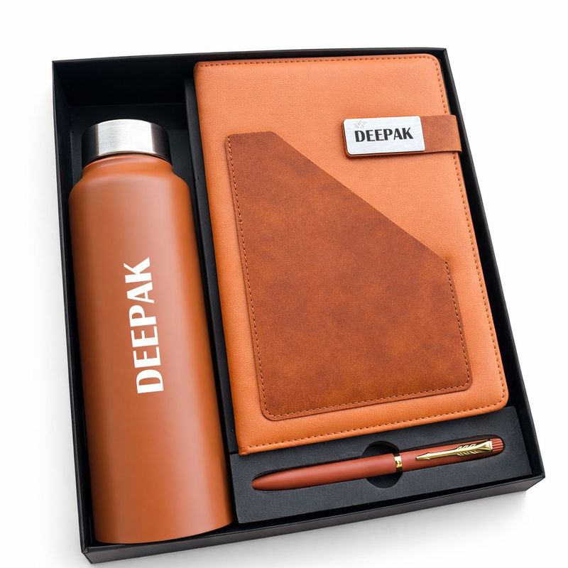 Personalized Terra Luxe Diary, Pen &amp; Bottle Combo - Warm Tan