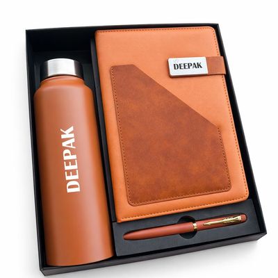 Personalized Terra Luxe Diary, Pen &amp; Bottle Combo - Warm Tan