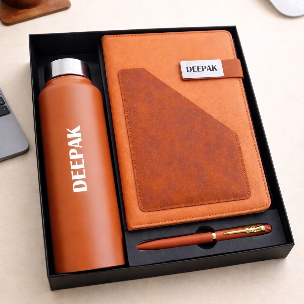 Personalized Terra Luxe Diary, Pen &amp; Bottle Combo - Warm Tan