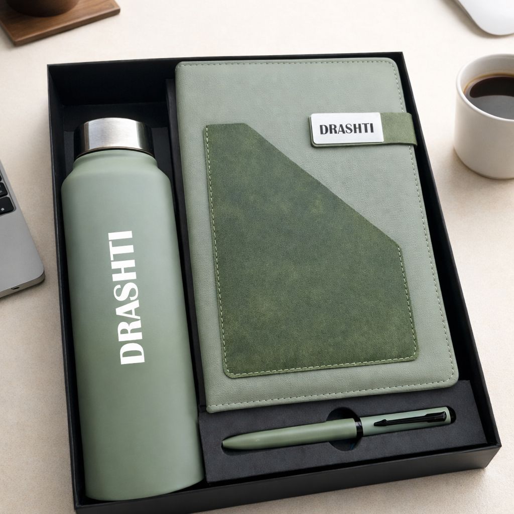 Personalized Terra Luxe Diary, Pen &amp; Bottle Combo - Sage Green Colour