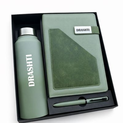 Personalized Terra Luxe Diary, Pen &amp; Bottle Combo - Sage Green Colour