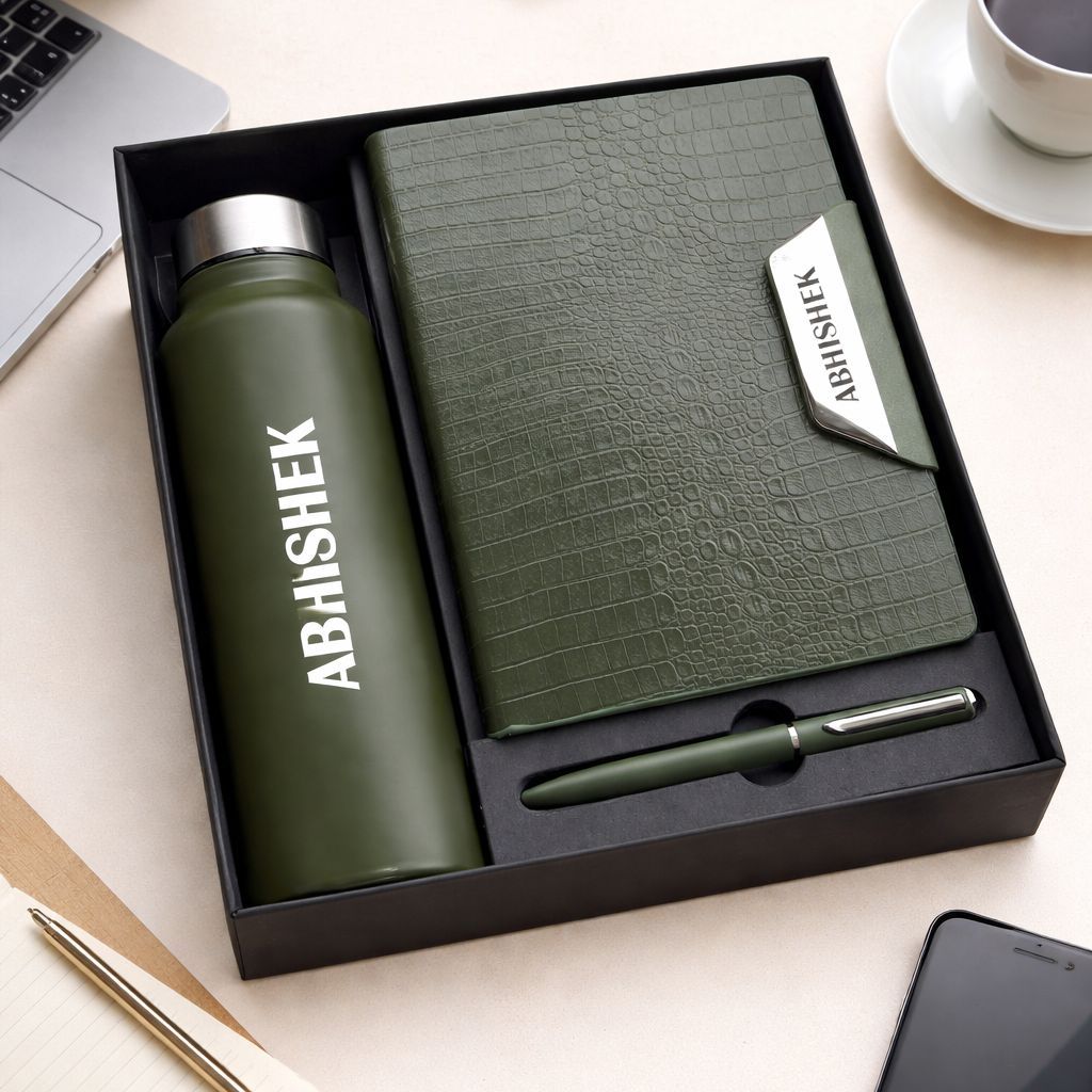 Personalized Alpha Croc Diary , Pen &amp; Bottle Combo - Forest Luxe Colour