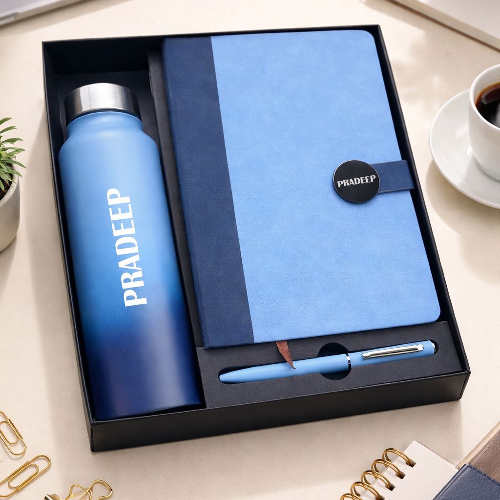 Personalized Executive Slate Diary , Pen &amp; Bottle Combo - Corporate Sky Colour