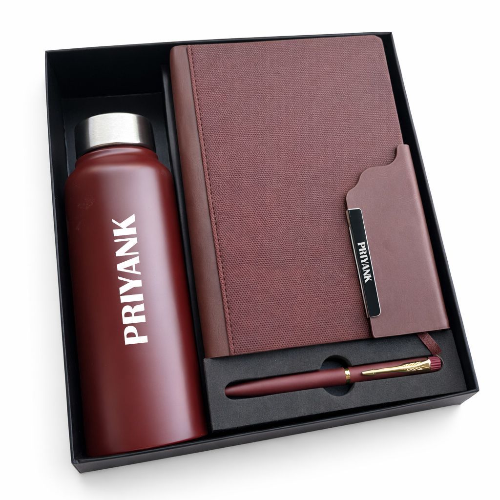 Personalized Brown Strivo Diary, Pen &amp; Bottle Combo