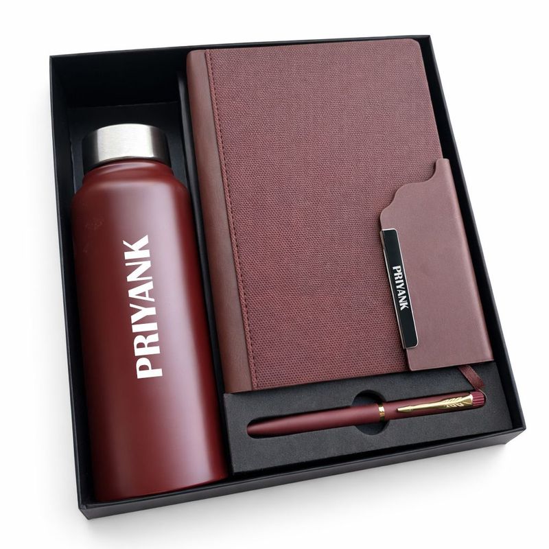 Personalized Brown Strivo Diary, Pen &amp; Bottle Combo