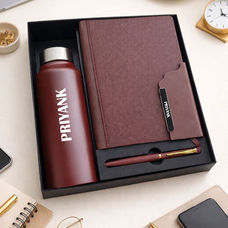 Personalized Brown Strivo Diary, Pen &amp; Bottle Combo