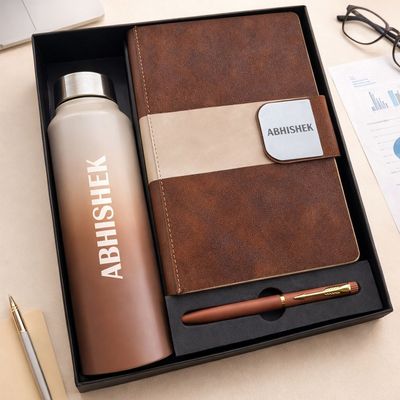 Personalized Velmont Executive  Diary, Pen &amp; Bottle Combo - Vintage Walnut Colour