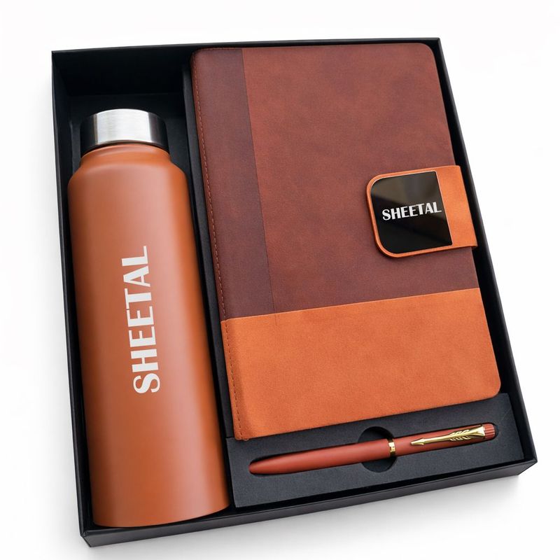 Personalized Duotone Pro Diary, Pen &amp; Bottle Combo - Saddle Tan
