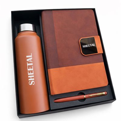 Personalized Duotone Pro Diary, Pen &amp; Bottle Combo - Saddle Tan