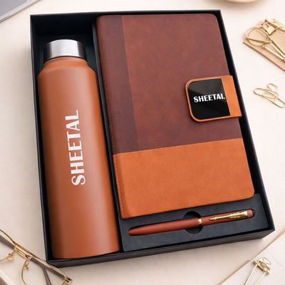 Personalized Duotone Pro Diary, Pen &amp; Bottle Combo - Saddle Tan