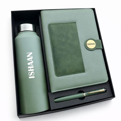 Personalized Green Dual Shade Diary , Pen &amp; Bottle Combo