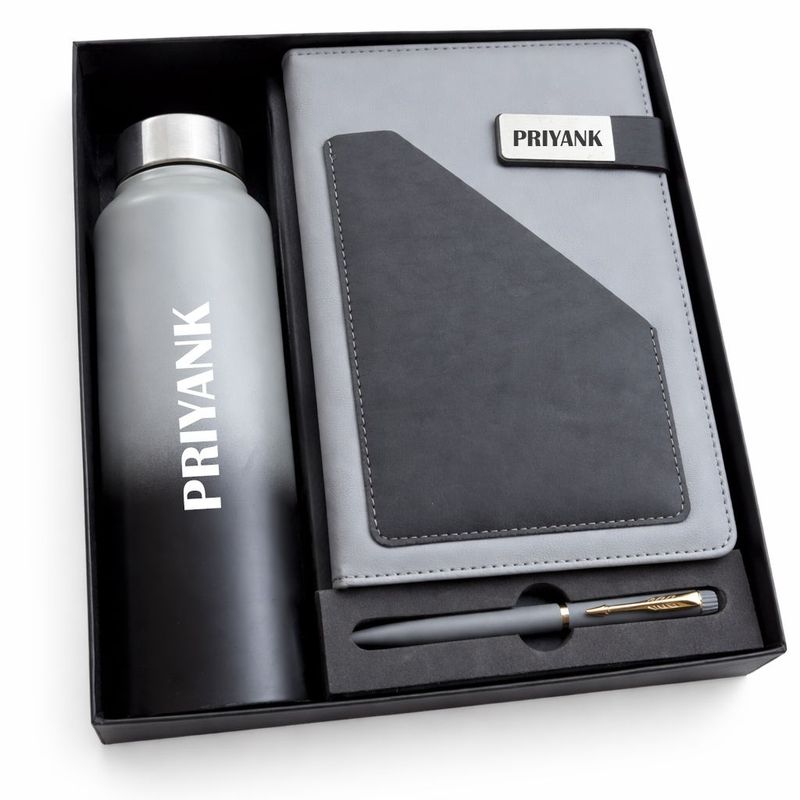 Personalized Terra Luxe Diary, Pen &amp; Bottle Combo - Charcoal Black Colour