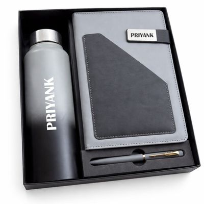 Personalized Terra Luxe Diary, Pen &amp; Bottle Combo - Charcoal Black Colour