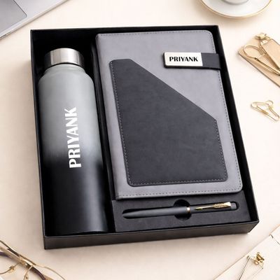 Personalized Terra Luxe Diary, Pen &amp; Bottle Combo - Charcoal Black Colour