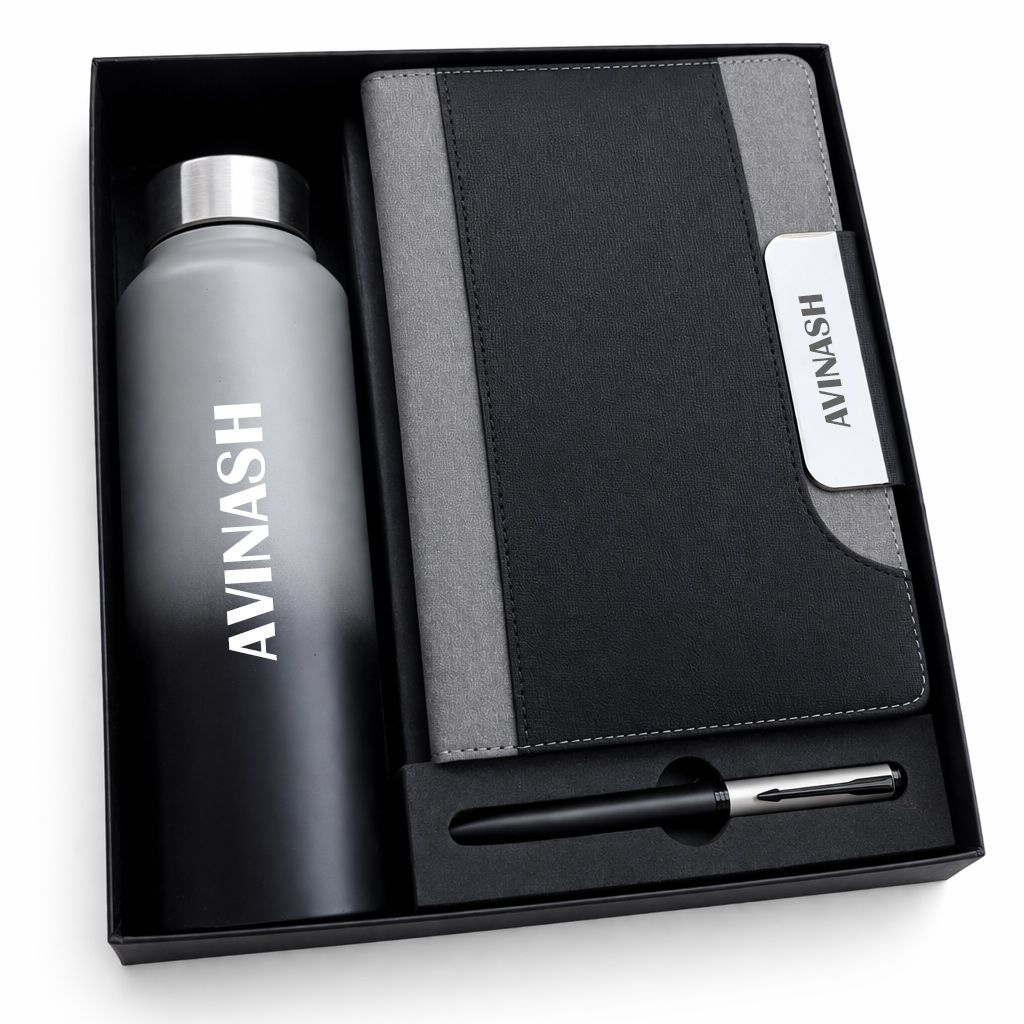 Personalized Titan Edge Diary, Pen &amp; Bottle Combo - Graphite Grey Colour