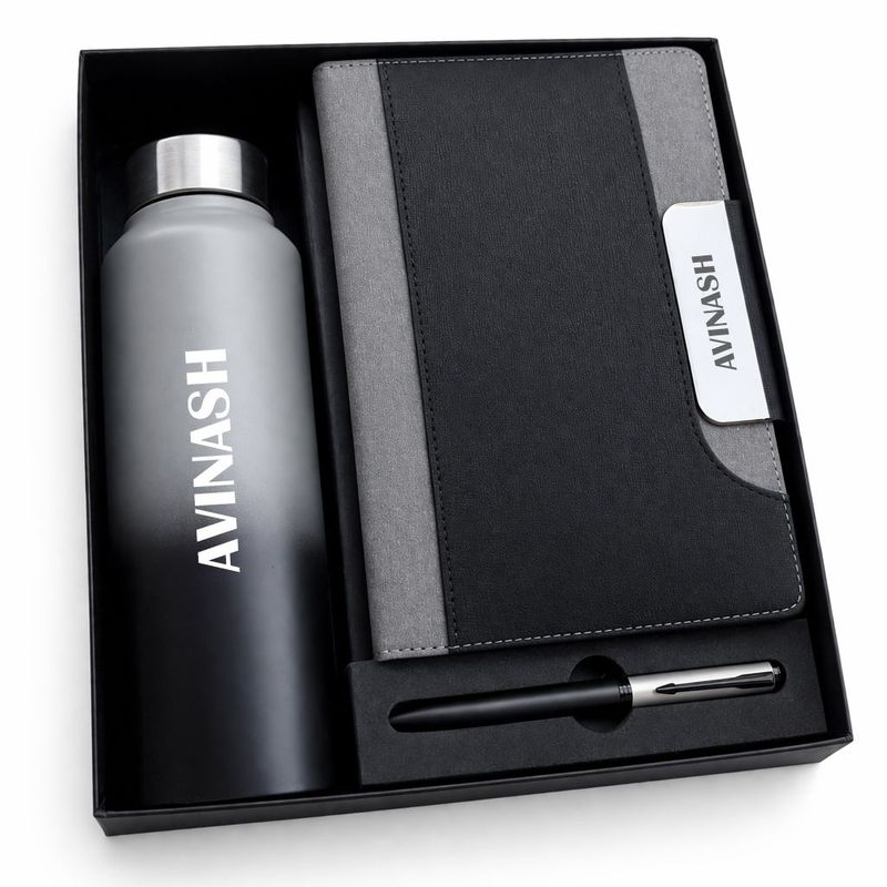Personalized Titan Edge Diary, Pen &amp; Bottle Combo - Graphite Grey Colour