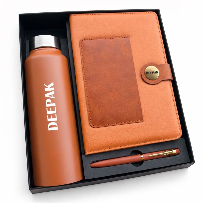 Personalized Tan Dual Shade Diary, Pen &amp; Bottle Combo