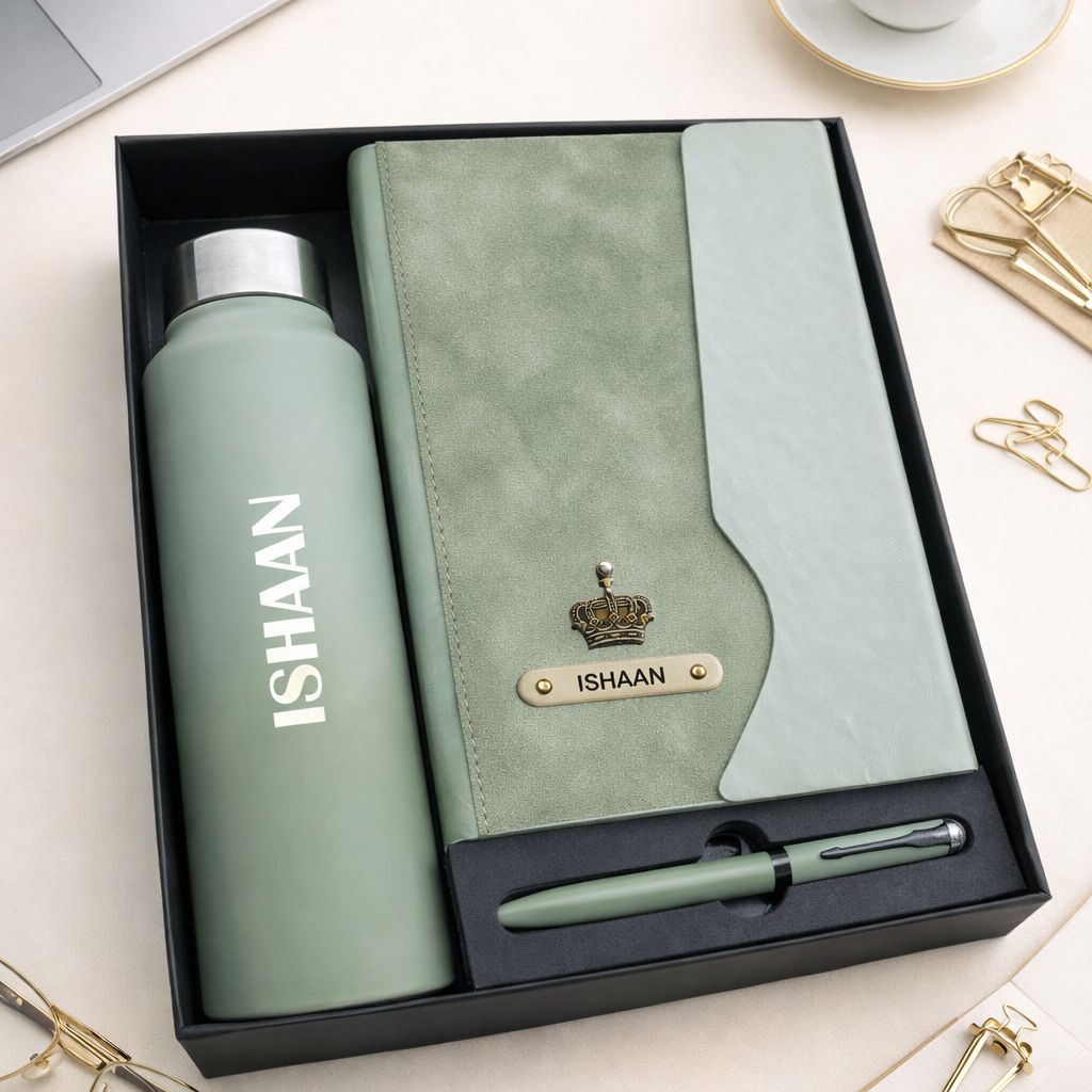 Personalized Urban Earth Diary, Pen &amp; Bottle Combo - Pistachio Calm Green Colour