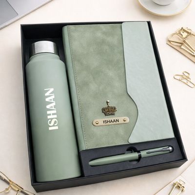 Personalized Urban Earth Diary, Pen &amp; Bottle Combo - Pistachio Calm Green Colour