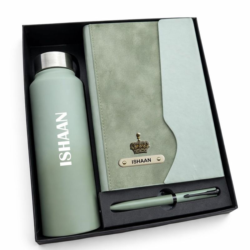 Personalized Urban Earth Diary, Pen &amp; Bottle Combo - Pistachio Calm Green Colour