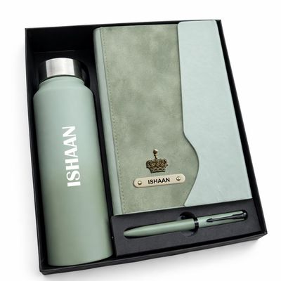 Personalized Urban Earth Diary, Pen &amp; Bottle Combo - Pistachio Calm Green Colour