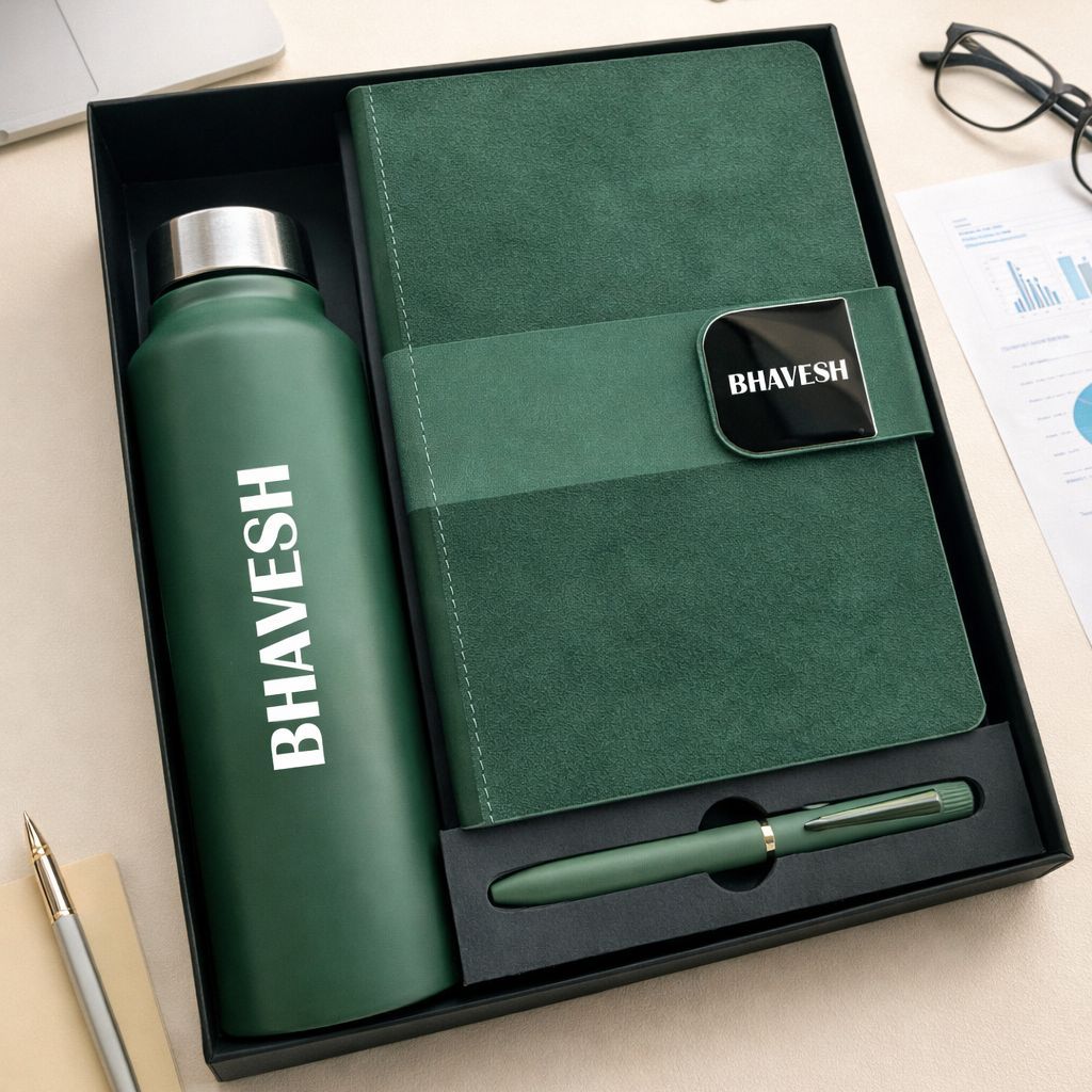 Personalized Velmont Executive Diary, Pen &amp; Bottle Combo - Emerald Forest Colour